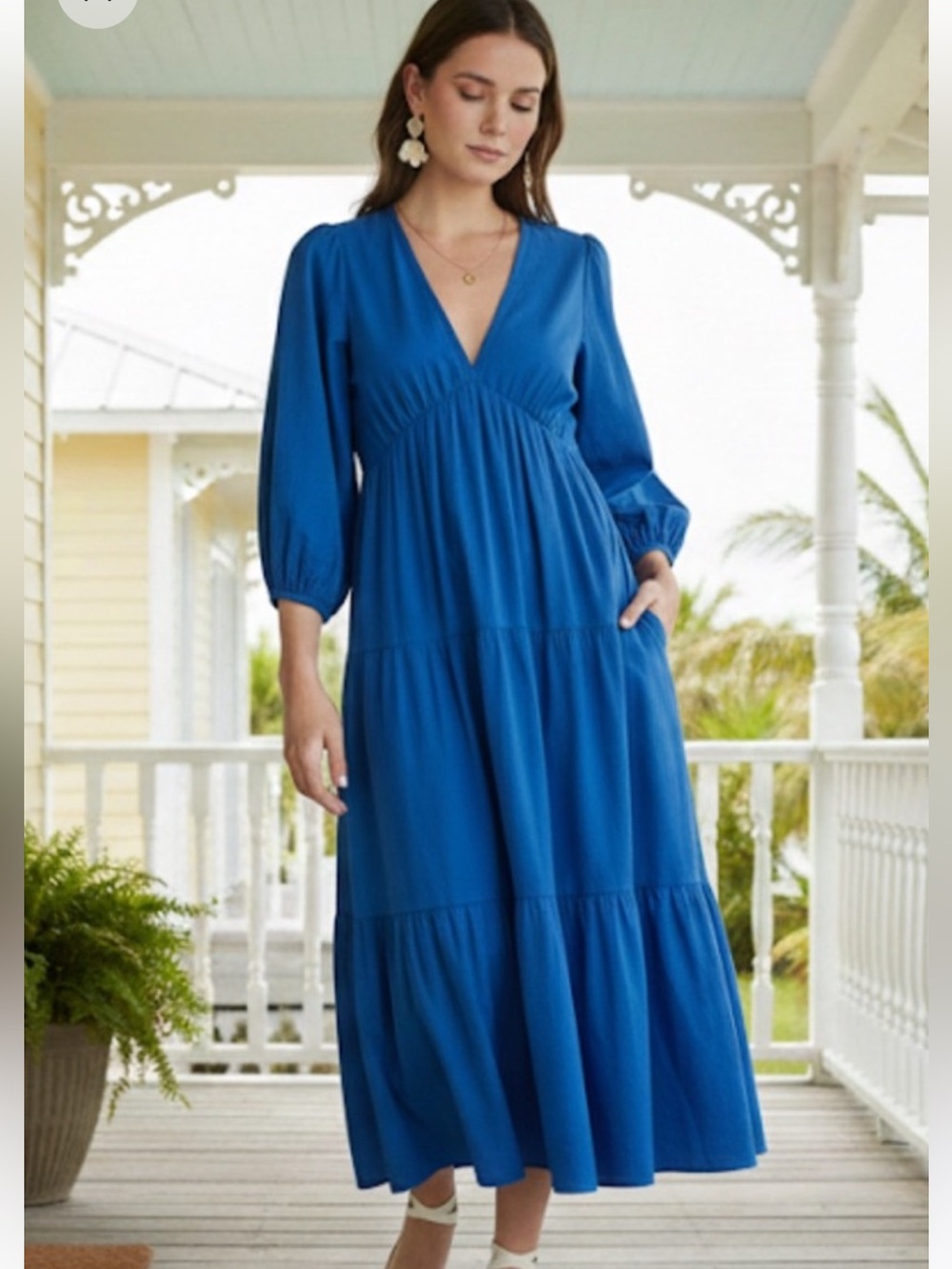 XiRENA V-Neck Tiered Maxi Dress in Cobalt Blue